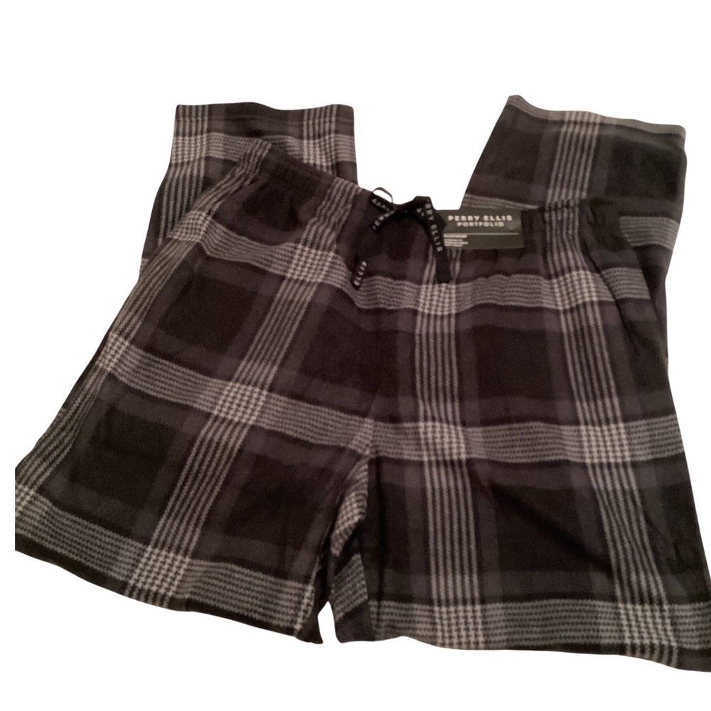 Perry Ellis Portfolio Mens Plaid Pajama Pants Black/Grey Soft Sleepwear Large
